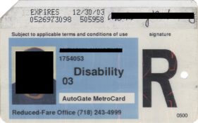 Image of a reduced fare MetroCard for people with disabilities.